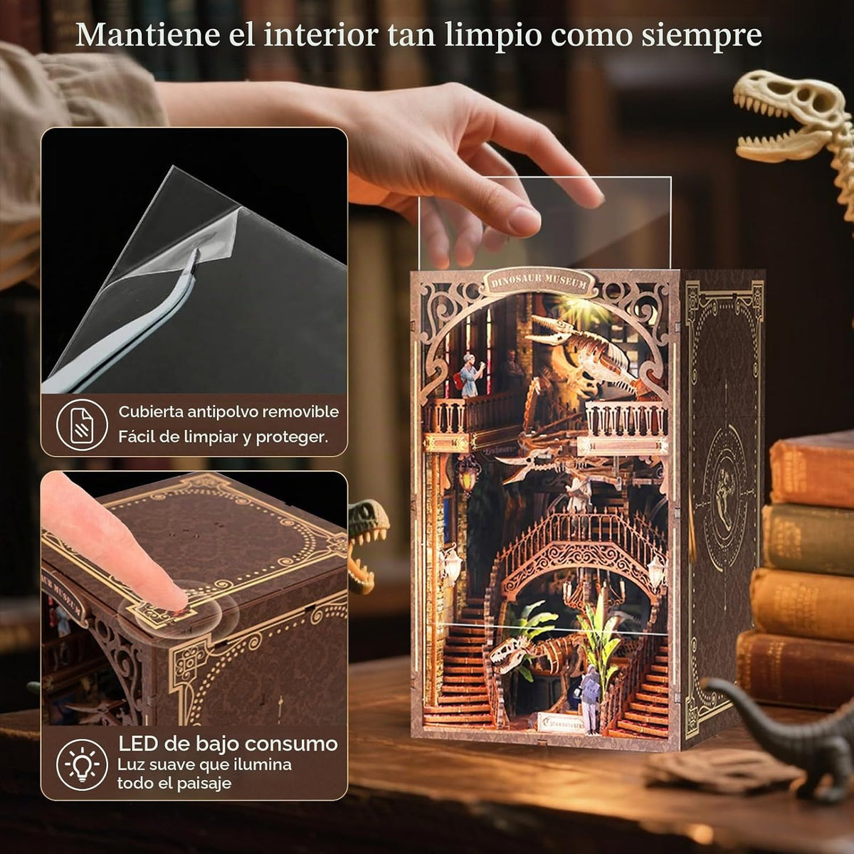 2026 Nuevo Kit de Biblioteca de Dinosaurios para Estantería con Luz LED y Impresión de Polvo