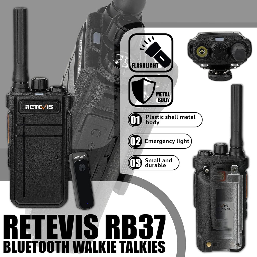 Retevis RB37 - Walkie Talkies Bluetooth para adultos, radio bidireccional con auricular, VOX, 2000 mAh, tipo C, Walkie Talkies inalámbricos (paquete de 1)