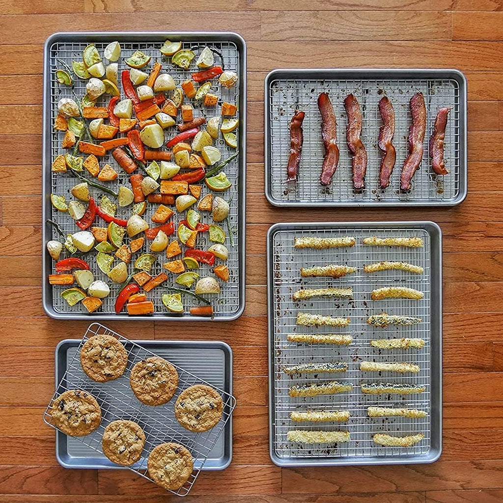 Utensilio para horno lámina cuadrante USA Pan, lámina para hornear y juego de rejilla para enfriamiento antiadherente, metálico , juego rejilla/media bandeja, Metal