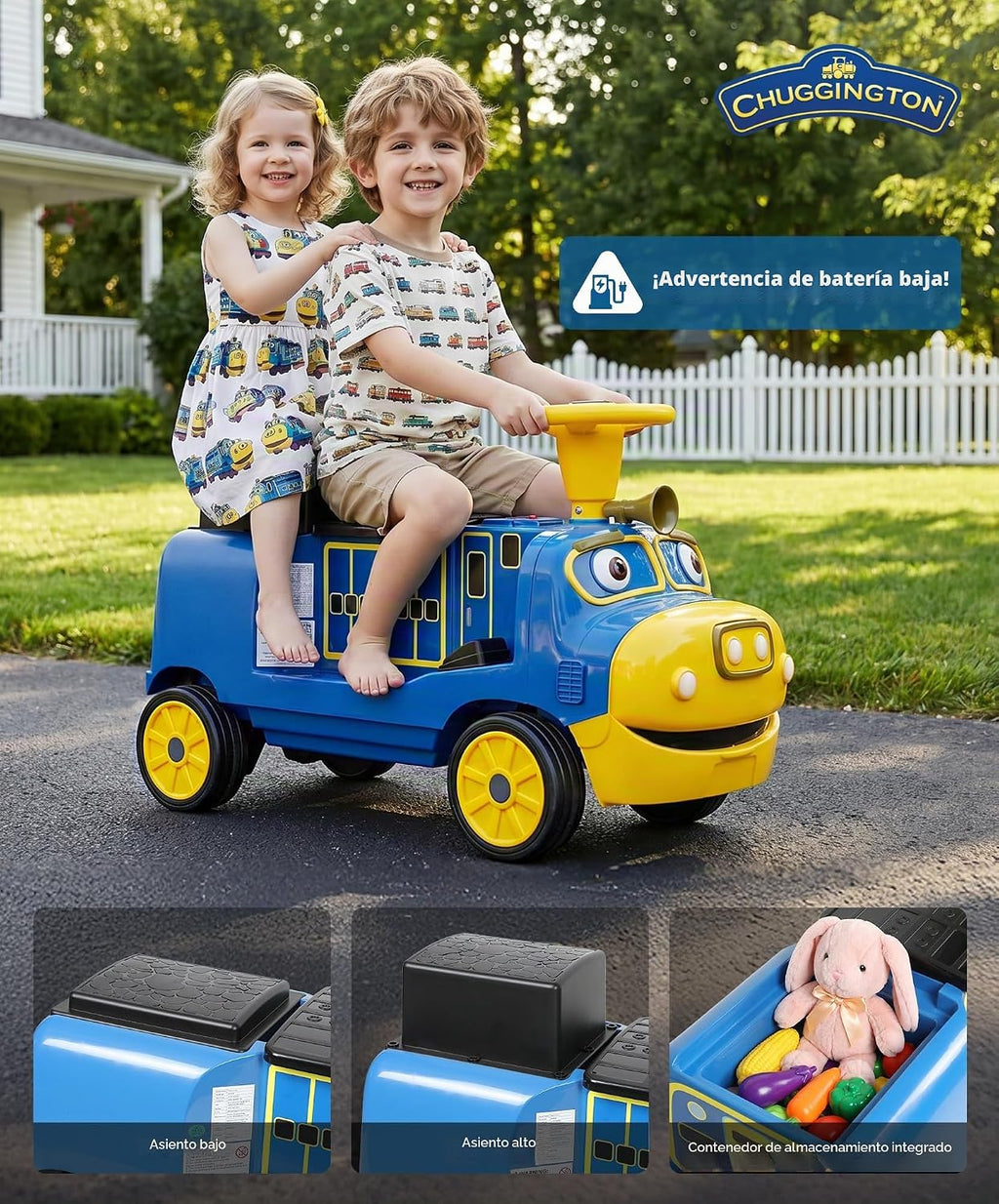 Chuggington - Tren de 2 plazas sin rieles, con licencia de 12 V, para niños de 3 años en adelante, con espacio de almacenamiento, silbato, LED, música, 2 velocidades máximas, 150 libras, color