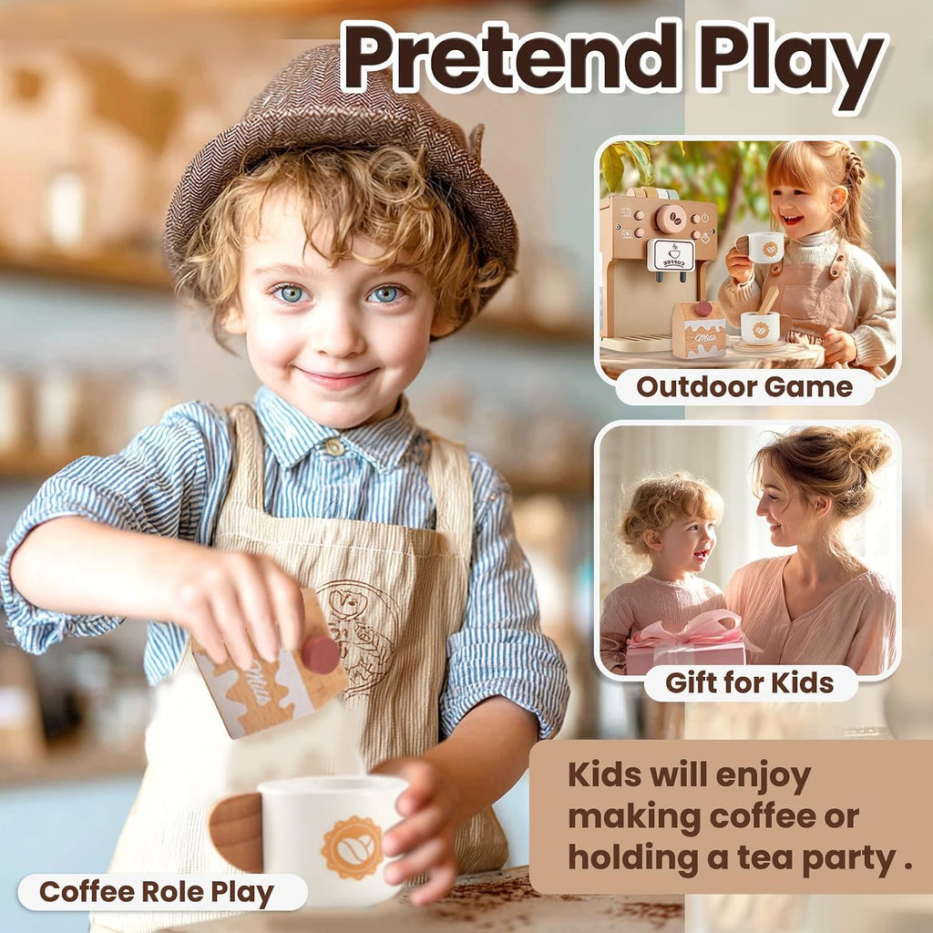 Cafetera de juguete para niños, juguete de madera de simulación