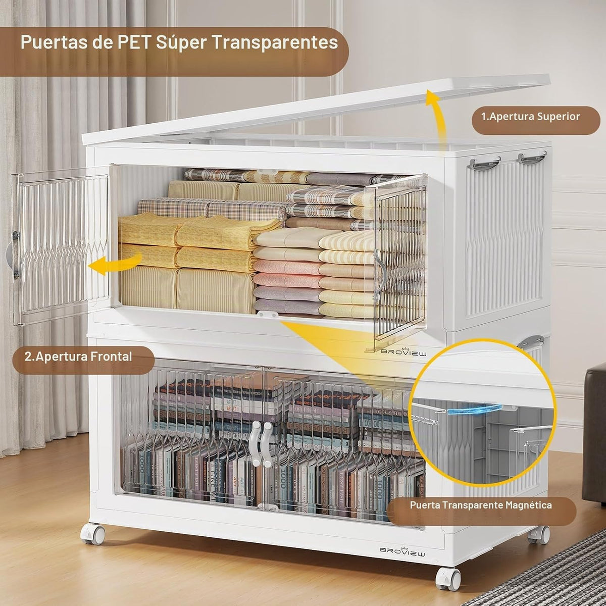 BROVIEW - Contenedores apilables extra grandes de 600 cuartos de galón con tapas, organizador de armario, cajas de cajones plegables con ruedas, contenedores de plástico plegables para el hogar