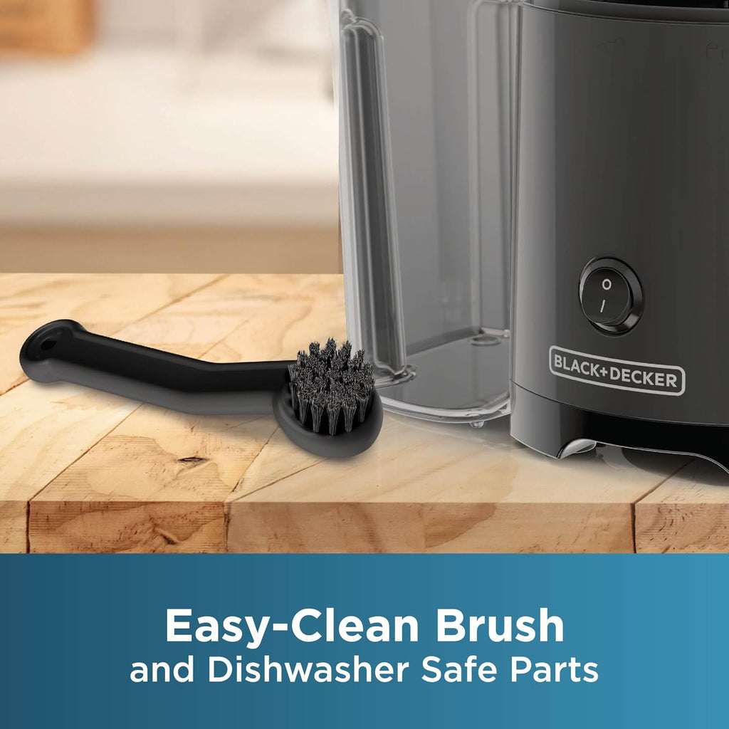 BLACK+DECKER Exprimidor silencioso de frutas y verduras, JE2500B, boquilla antigoteo, diseño compacto, fácil de montar, apto para lavavajillas