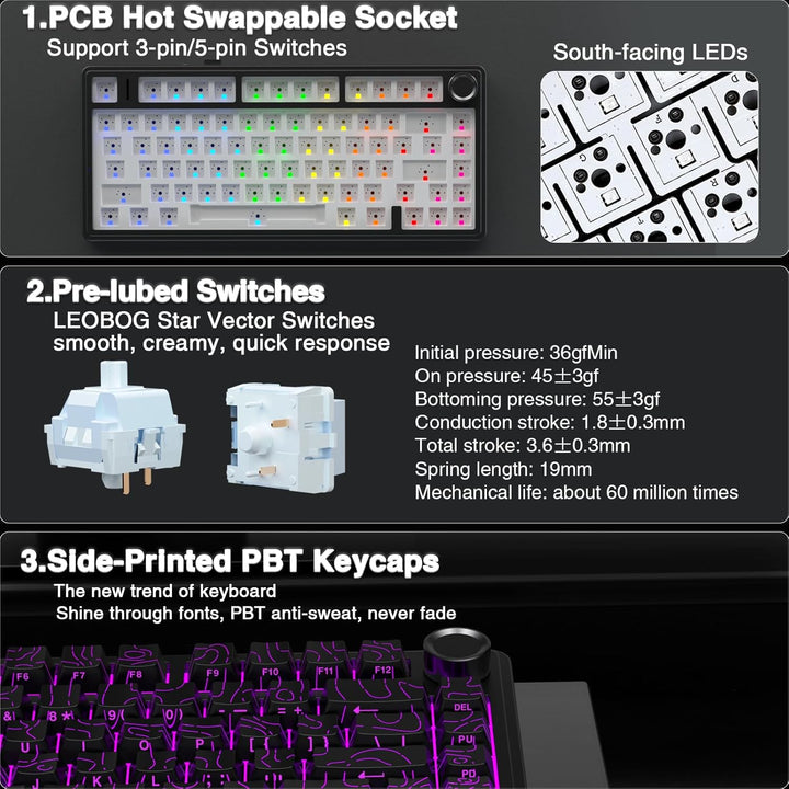 AULA Teclado mecánico inalámbrico F75 Pro con perilla, 75% teclados...