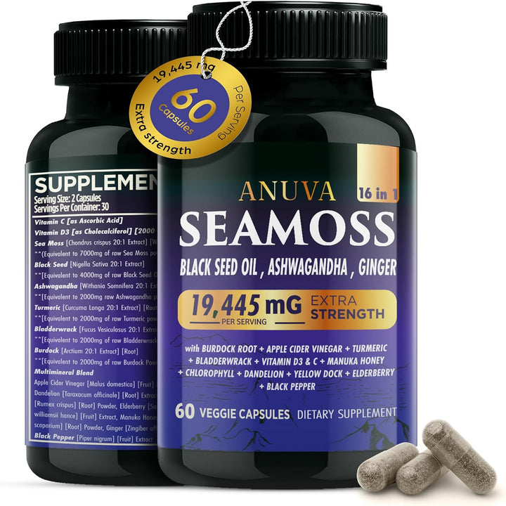 Anuva Cápsulas de musgo marino 16 en 1 | Aceite de semilla negra, A...