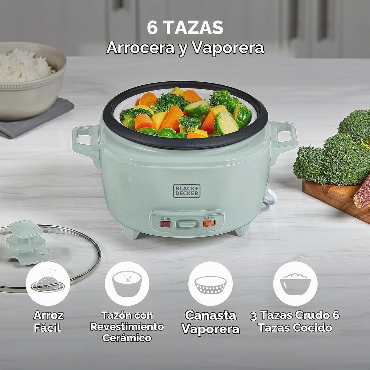 BLACK+DECKER Arrocera de 6 tazas con cesta de vapor, spray de surf
