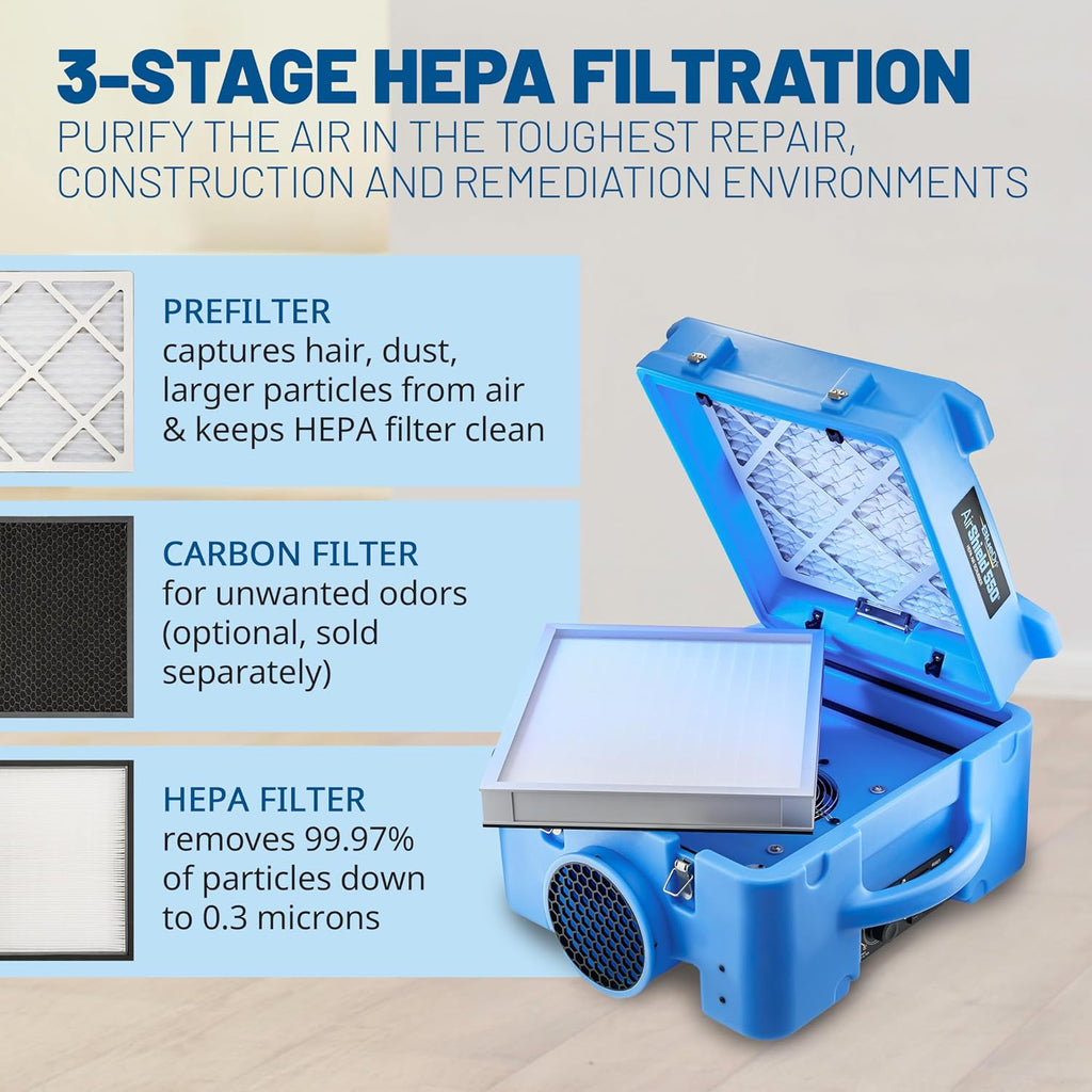 BlueDri Air Shield 550 Depurador de Aire HEPA, Equipo Purificador de Aire para Restauración de Daños por Agua, Cubre 1400 Pies Cuadrados, Capacidad de Conexión en Cadena, Para Uso Comercial, Azul