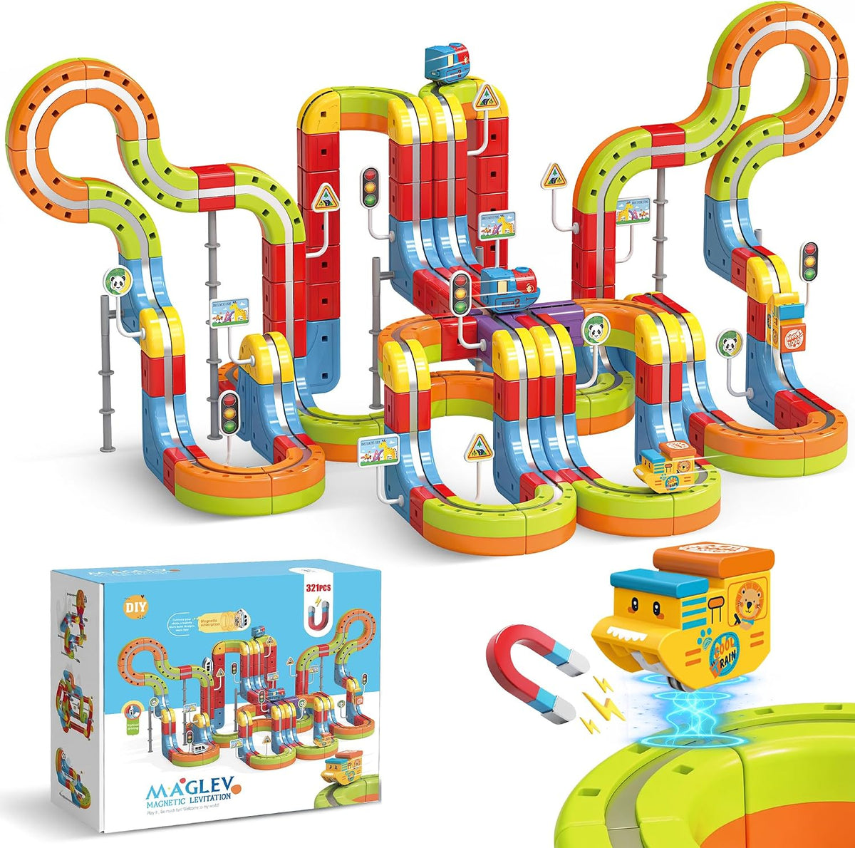 Juego de tren eléctrico para niños, 321 piezas (118 pistas + 2 autos) juego de tren magnético para niños pequeños, juguetes STEM regalos de cumpleaños para niños de 3 a 12 años, kits de pista de