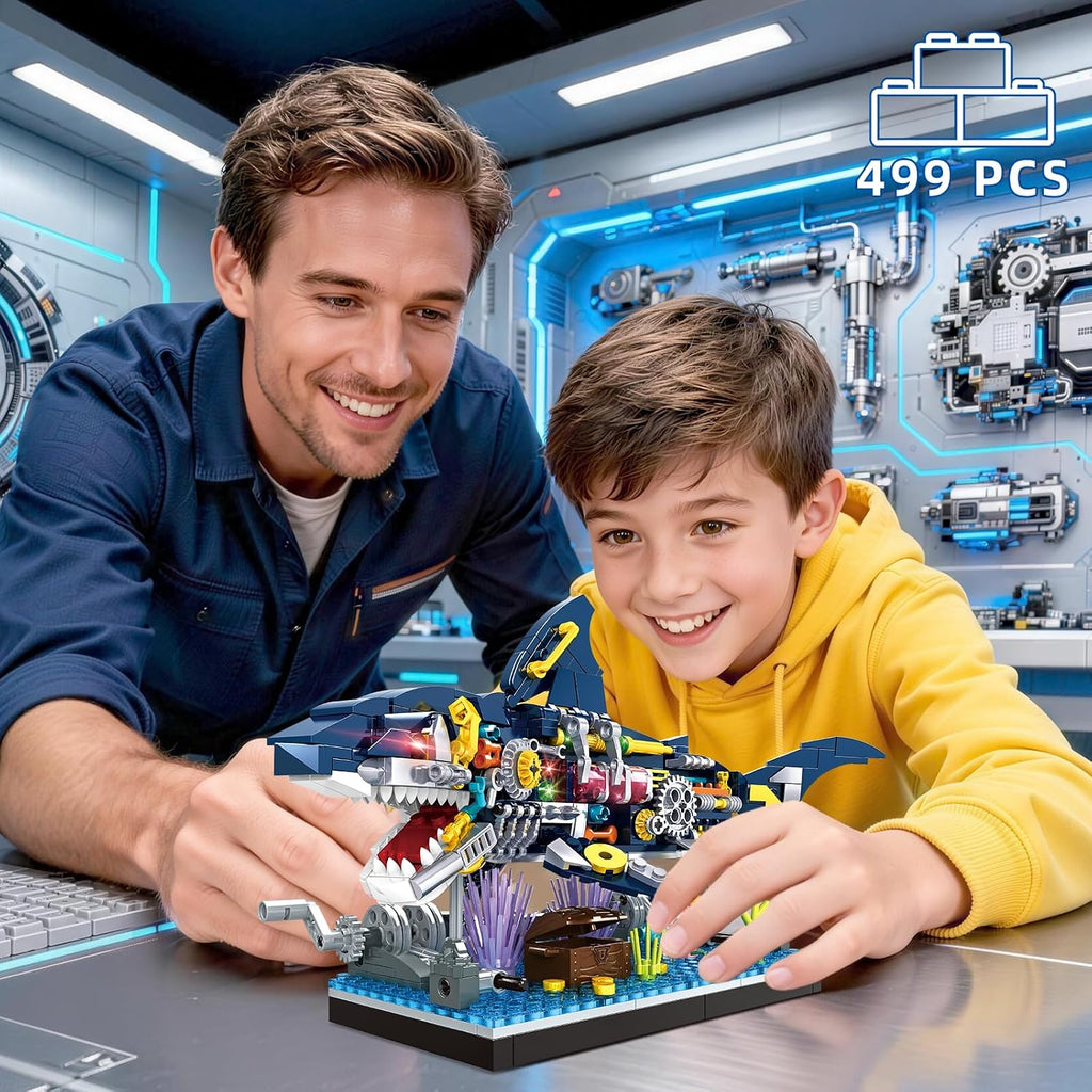 Juego de bloques de construcción de tiburón, juguetes mecánicos giratorios de tiburón, regalos de cumpleaños para niños y niñas a partir de 6 años, diseño de peces de tiburón, decoración de oficina en casa