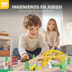 TOY Life Juego de tren de madera con grúa, pista de 60 piezas, niños 3-8