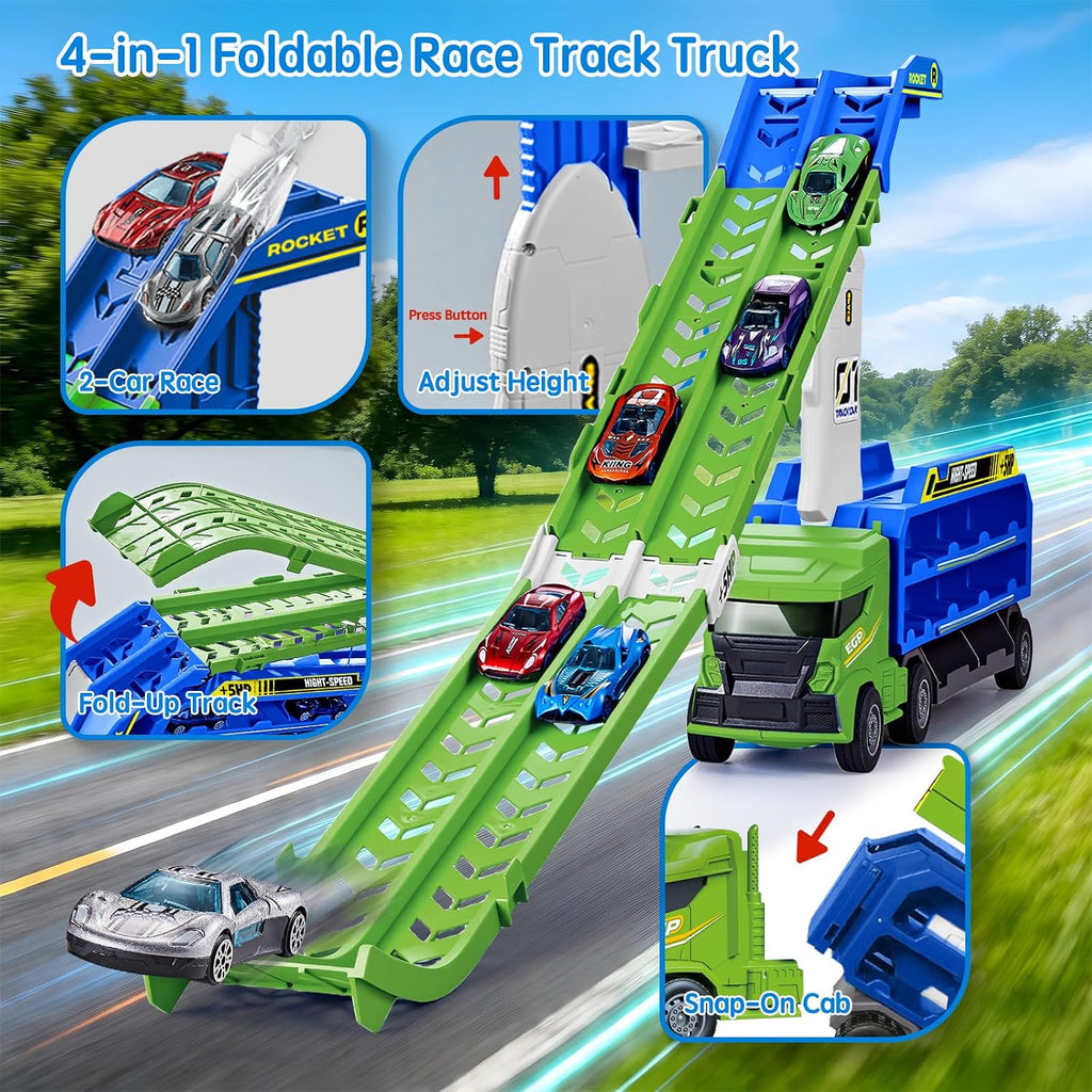 Camión de carreras de juguete para niños de 3 a 5 años - Camión transportador de automóvil 4 en 1 con 2 pistas de carreras plegables, juego de vehículos de transporte con 6 autos fundidos a presión