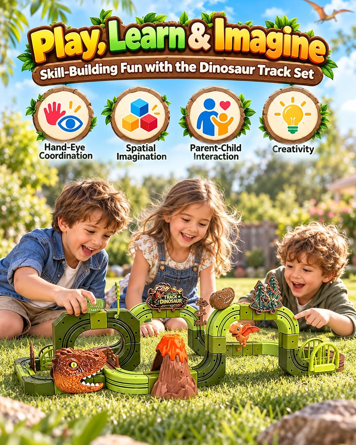 Juego de tren eléctrico de dinosaurio 135PCS para niños, pista de tren