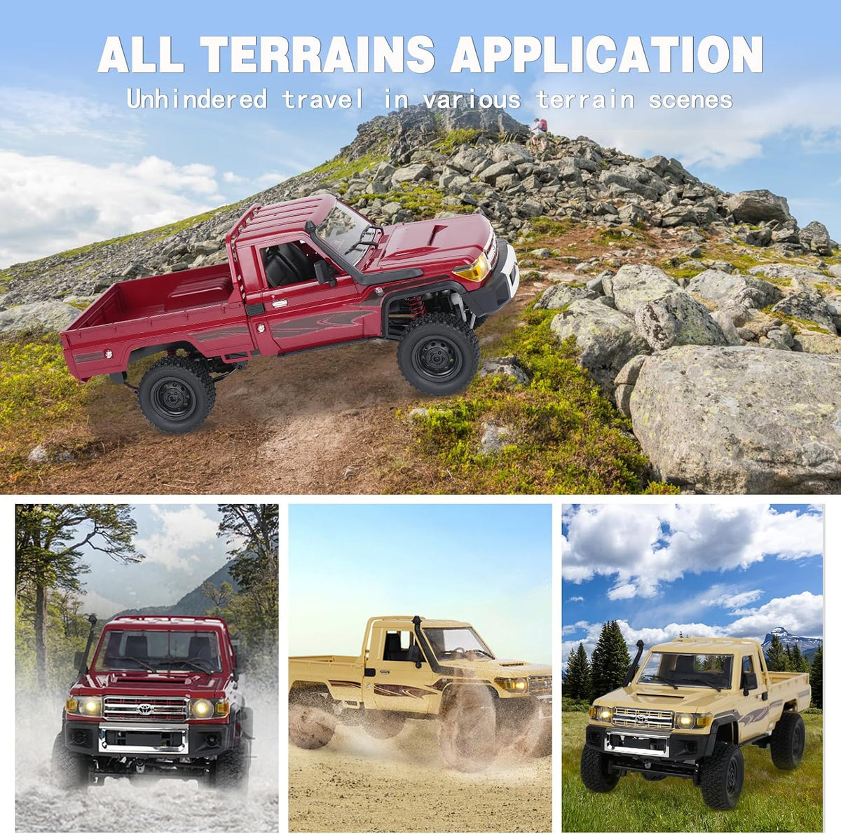 MN-82 RC Rock Crawler Coche Camioneta Toyota Escala 1/12, Camión de Control Remoto Todoterreno 4WD 2.4GHz, Modos de 2 Velocidades, 2×1200mAh Baterías, Oruga Todo Terreno para Adultos Niños Interior