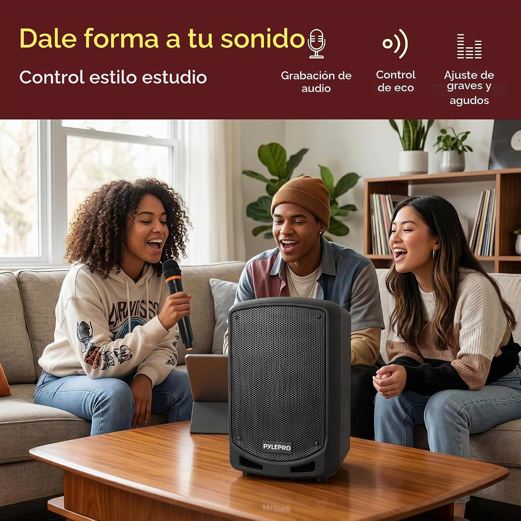 Pyle Sistema de Altavoces PA Bluetooth Portátil - Sistema de Sonido de Karaoke para Interiores y Exteriores con Micrófono Inalámbrico, Grabación de Audio, Batería Recargable, Lector USB/SD, Soporte de