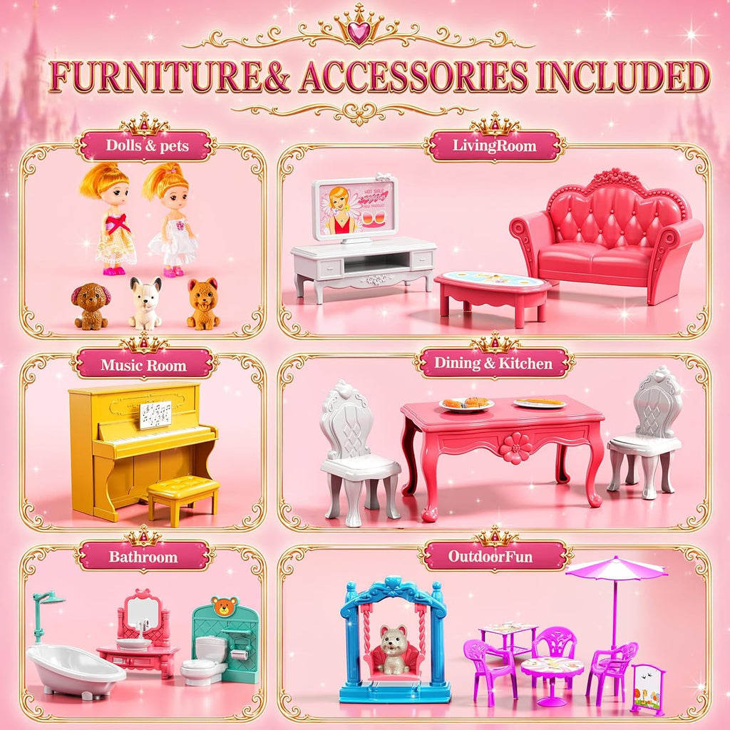 Casa de 4 pisos para niñas de 3 a 7 años, juego de villa con 2 muñecas y 12