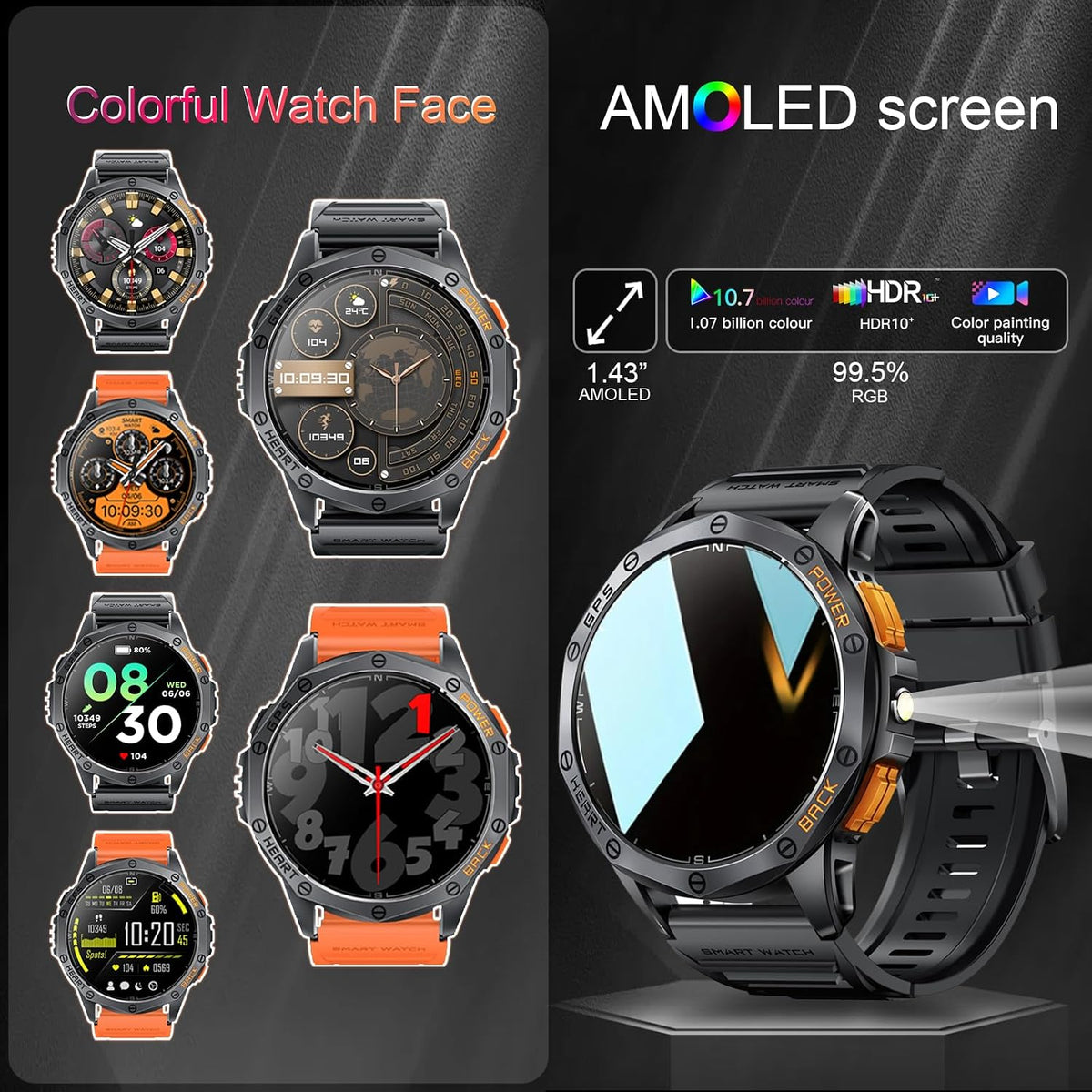 Relojes Inteligentes Militares con GPS Integrado, Más de 170 Modos Deportivos para Hombres con Linterna, Reloj Inteligente para Teléfonos Android y iPhone, Pantalla AMOLED de 1.43", Llamadas Bluetooth