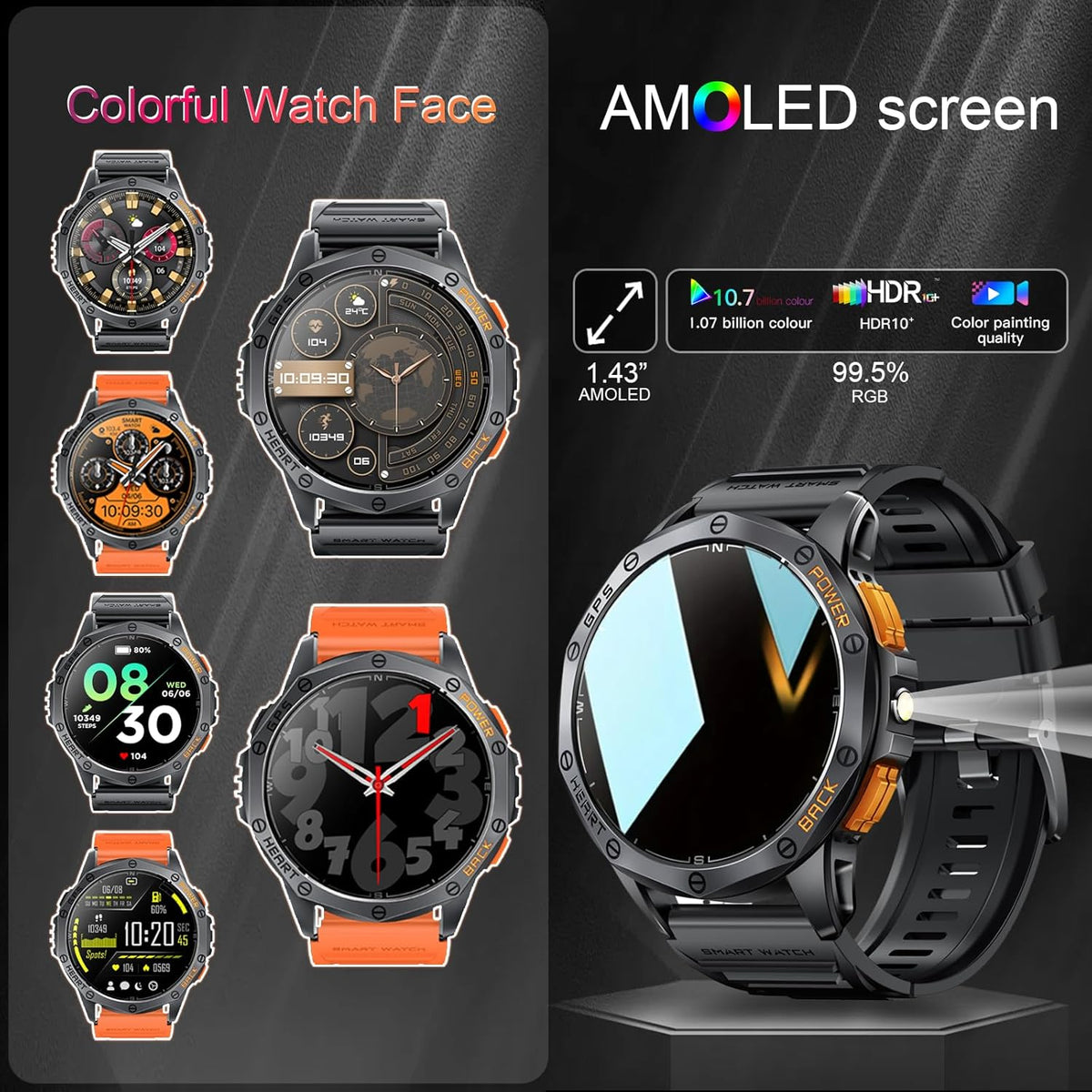 Relojes inteligentes militares con GPS integrado, más de 170 modos deportivos para hombres con linterna, reloj inteligente para teléfonos Android y iPhone, pantalla AMOLED de 1.43 pulgadas, altímetro