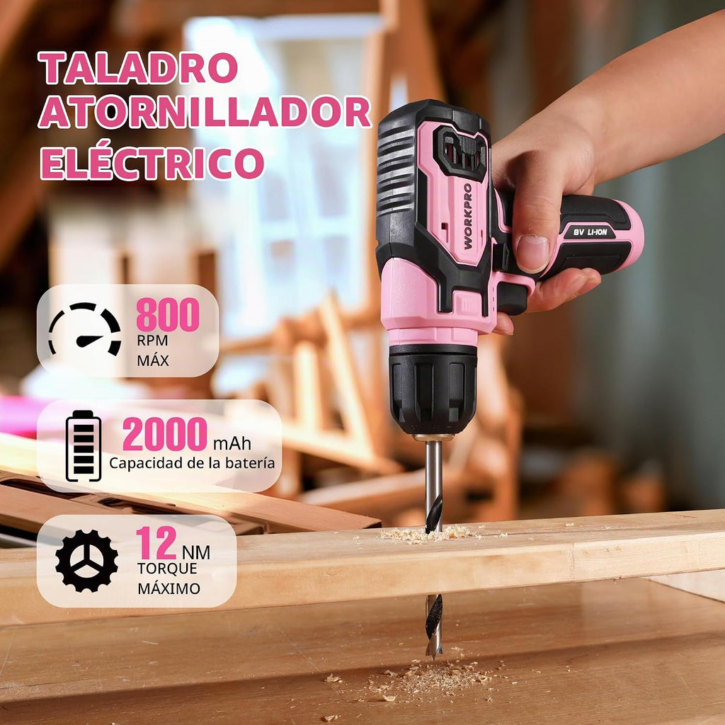 WORKPRO Juego de brocas de perforación rosa para taladro eléctrico para mujeres, juego de 8V