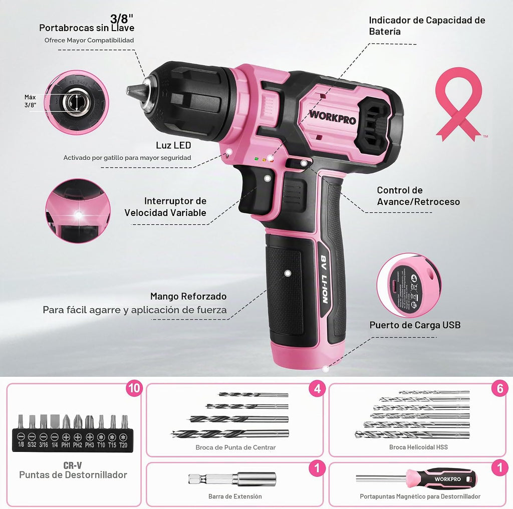 WORKPRO Taladro eléctrico de 8 V, juego de herramientas rosa para mujeres, taladro inalámbrico