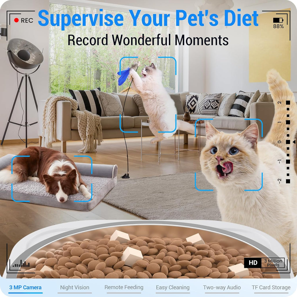 Frienhund Comedero automático para gatos con cámara 2K: alimentador automático para perros WiFi 5G con visión nocturna, dispensador de comida para gatos con contenedor grande de almacenamiento de