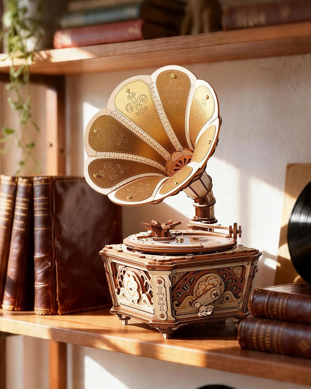 ROKR Rompecabezas 3D vintage de gramófono para adultos, caja de música de madera y kit de construcción de modelos mecánicos, manualidades para amantes de la música, regalo retro de decoración del