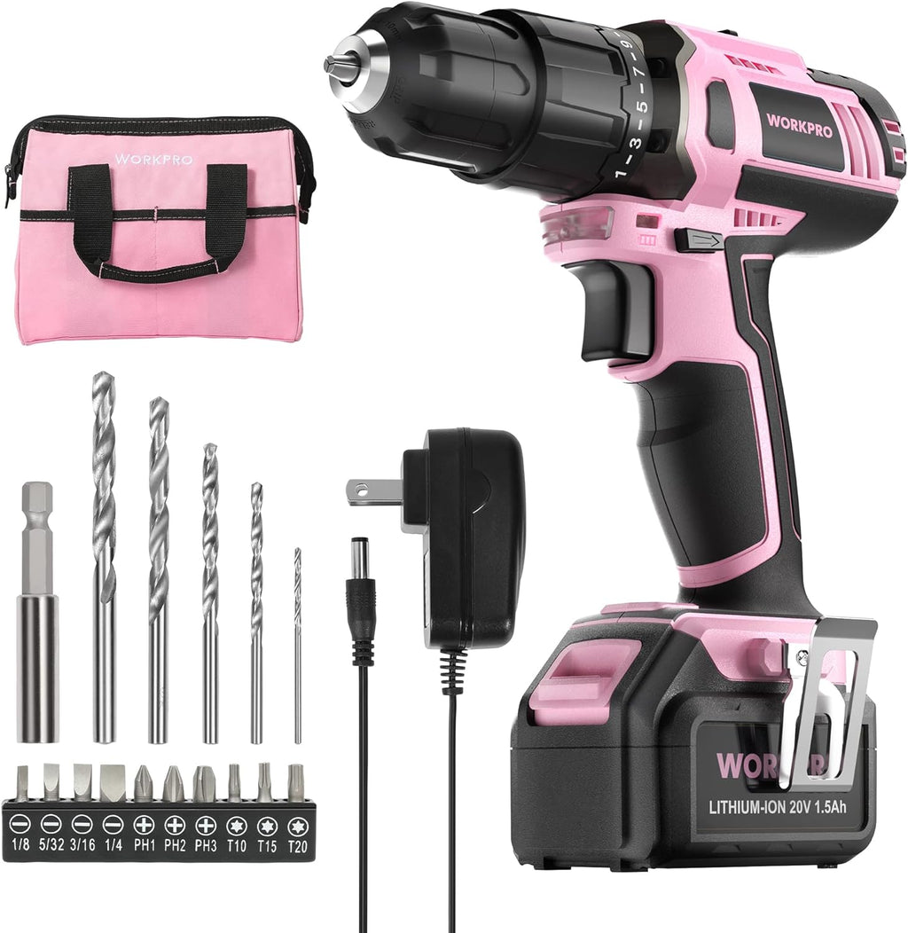 WORKPRO Taladro Atornillador Inalámbrico Rosa de 20V de Iones de Litio, 1 Batería, Cargador y Bolsa de Almacenamiento Incluidos - Cinta Rosa