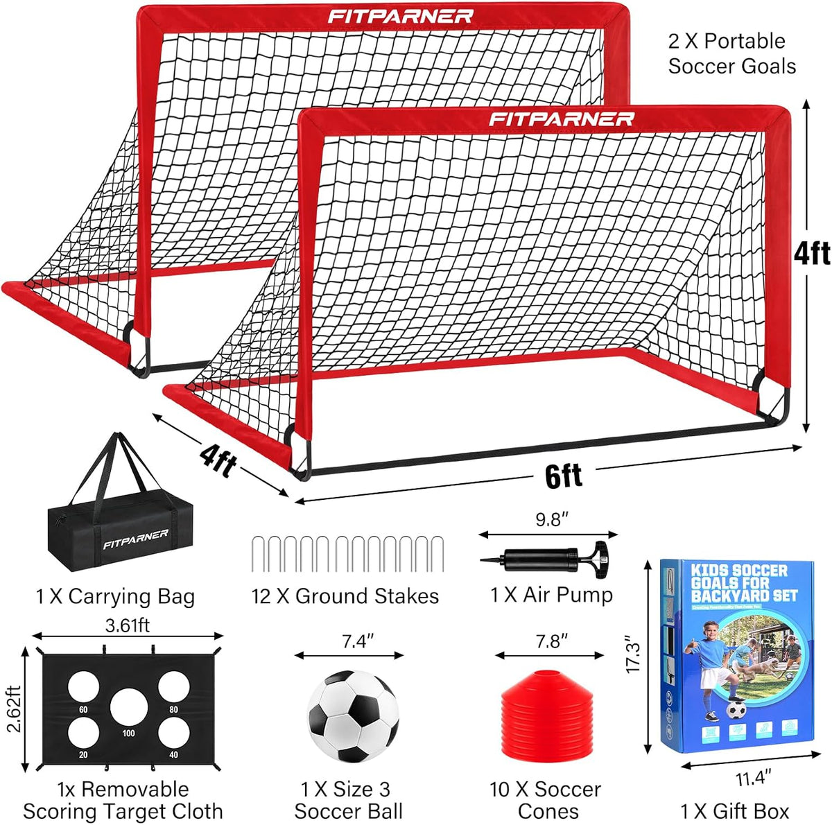 Portería de fútbol, portería de fútbol para niños en el patio trasero, 2 unidades, redes de fútbol portátiles de 4 x 3/6 x 4 pies con objetivo, pelota y conos, equipo de entrenamiento de