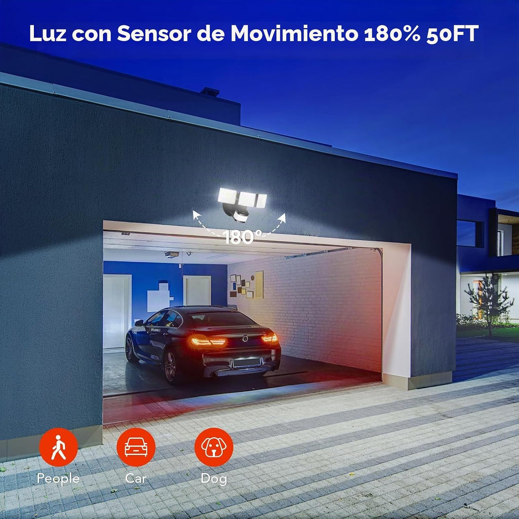 OREiN Luz de inundación para exteriores con sensor de movimiento de 4500 lm para seguridad del hogar, brillante sin deslumbramiento, rango de 180° de gran angular de 50 pies