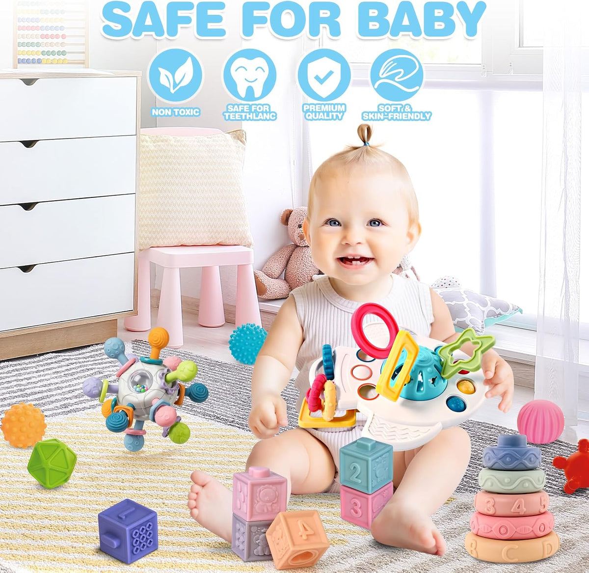 Juguetes para bebés de 0-3-6-12 meses, juguetes Montessori 5 en 1 para bebés, juguete de dentición y bloque de construcción apilable y anillo y cuerda de silicona para tirar, juguete para