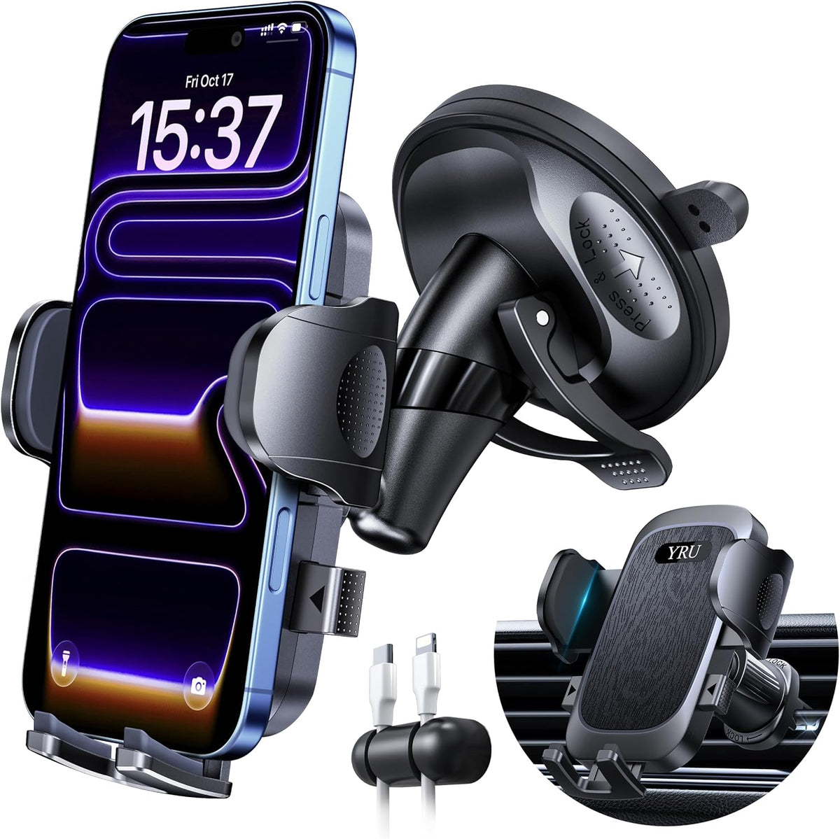 Soporte de teléfono de automóvil mejorado de grado militar antivibración y succión giratoria de 360° 2026 para iPhone 18 Pro Max 17 16 Samsung, negro mate