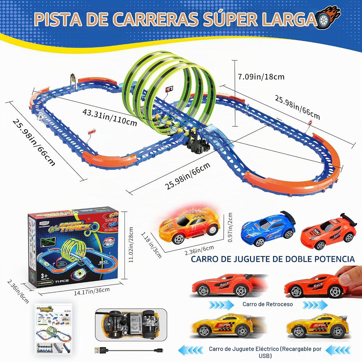 Juego de pistas de carreras de autos de juguete brillante, 71 pistas que