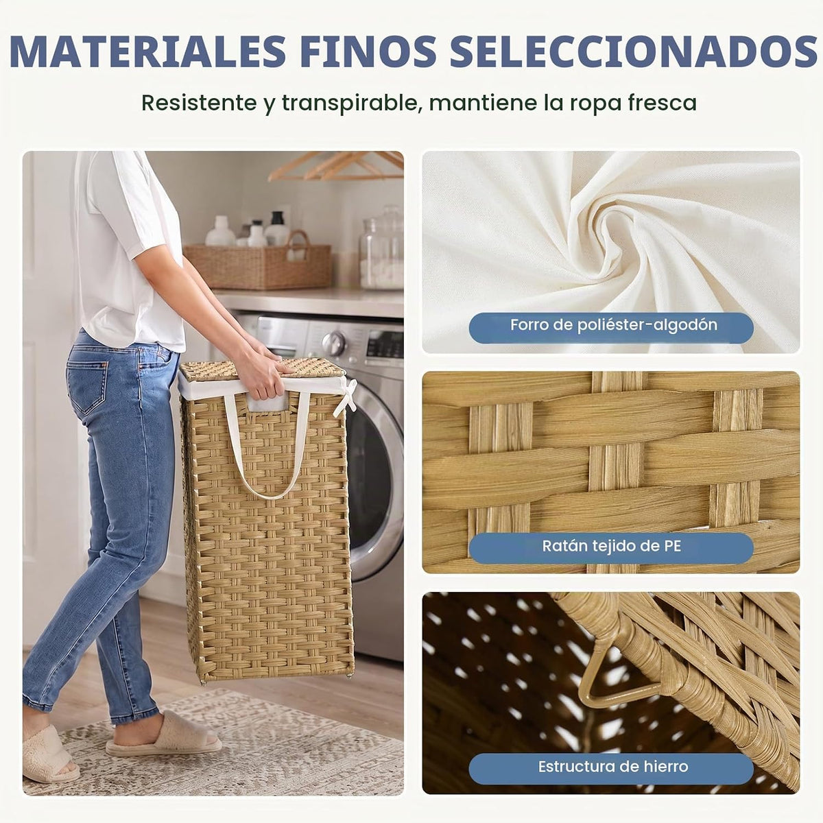 DUMOS Cesta de lavandería con tapa, cestas de mimbre de 65L, color amarillo