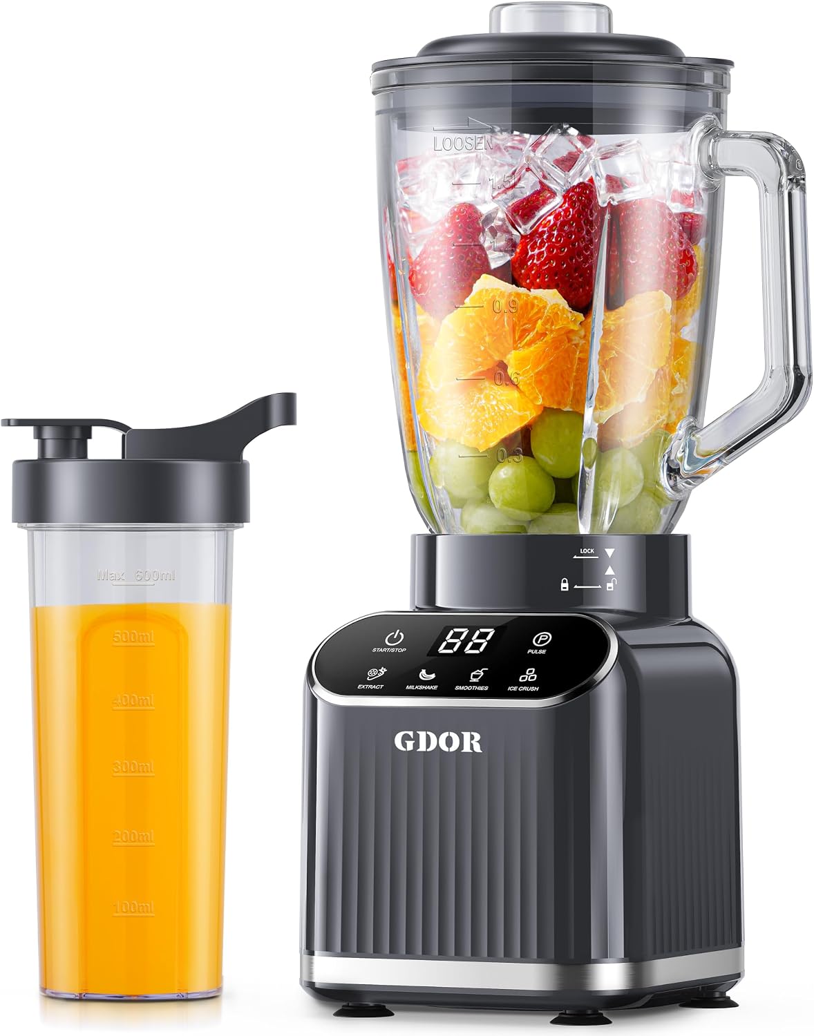 GDOR Licuadora profesional para cocina, licuadora de batidos de 1200 vatios máximos, 5 funciones para trituración de hielo y frutas congeladas, tarro de vidrio de 52 onzas y combo de taza para llevar de 24 onzas, autolimpieza, gris