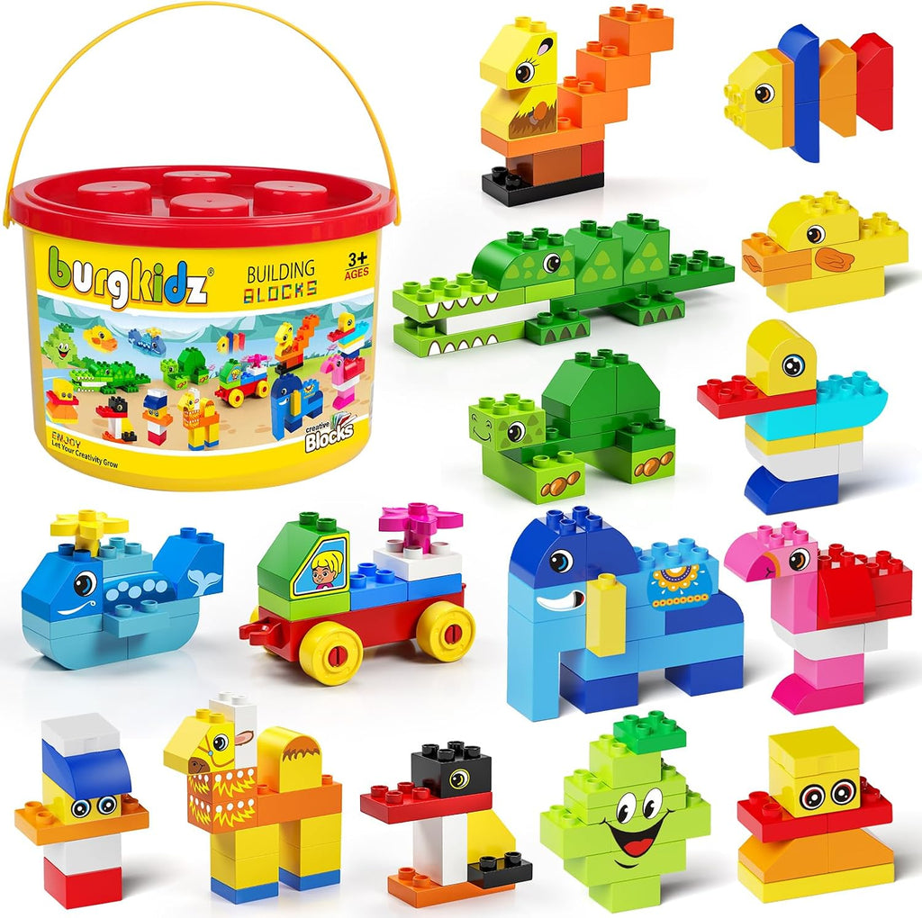 burgkidz Juguetes de construcción de animales para niños pequeños de 3 a 5 años, 135 bloques de construcción gigantes, rompecabezas creativo con cubo de almacenamiento, compatible con las principales