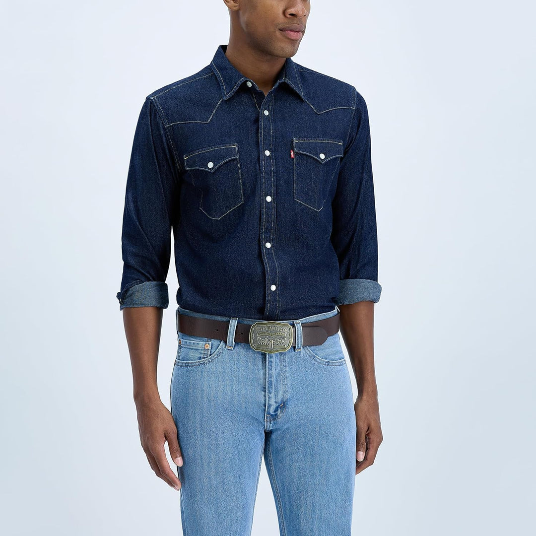 Levi's Cinturón de cuero para hombre con hebilla de placa extra...