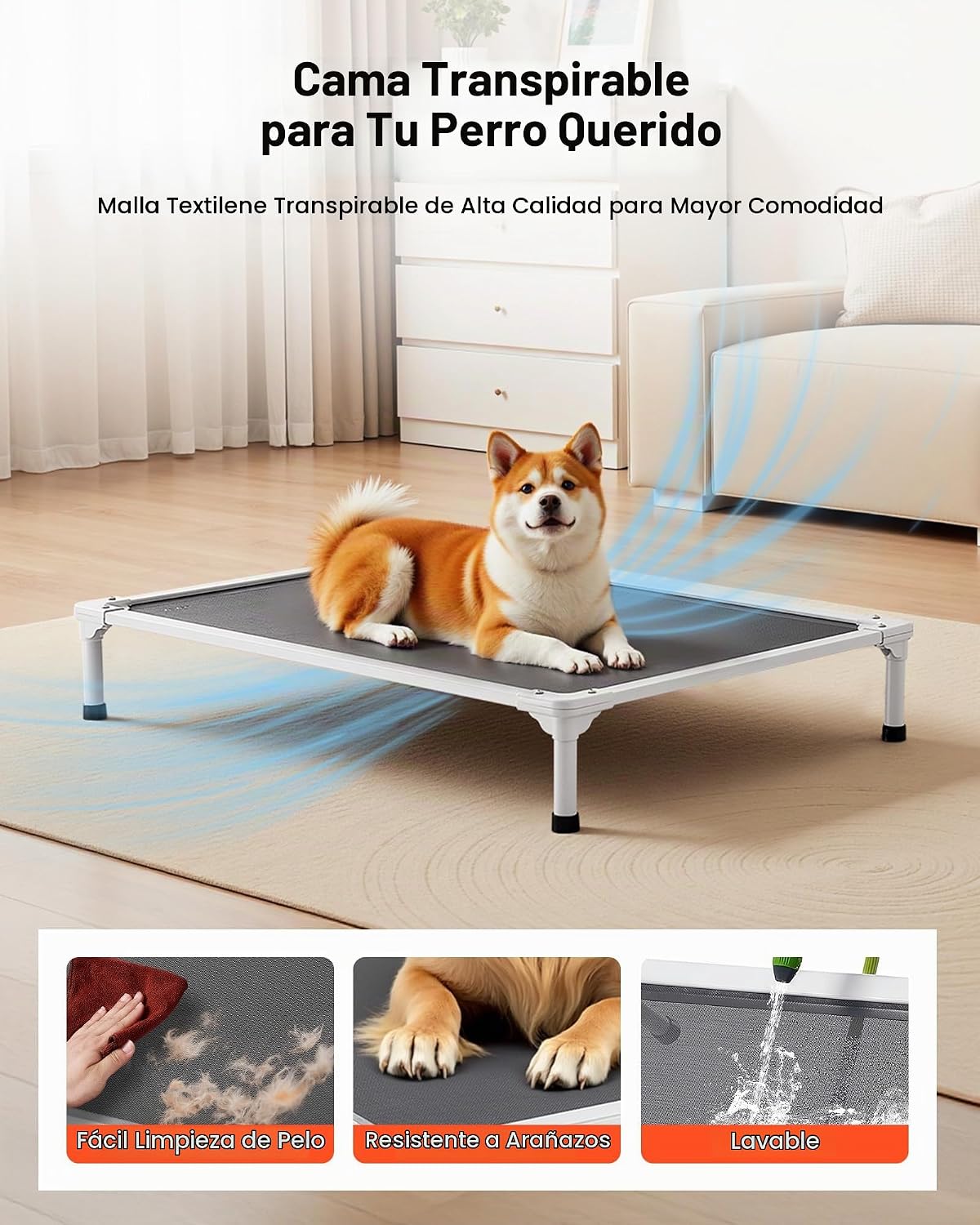 VEVOR Cama elevada para perros a prueba de mordidas, cuna elevada portátil para perro con marco de metal de tubo de aluminio y malla de textileno transpirable, cama hamaca elevada para interiores y exteriores, L, gris