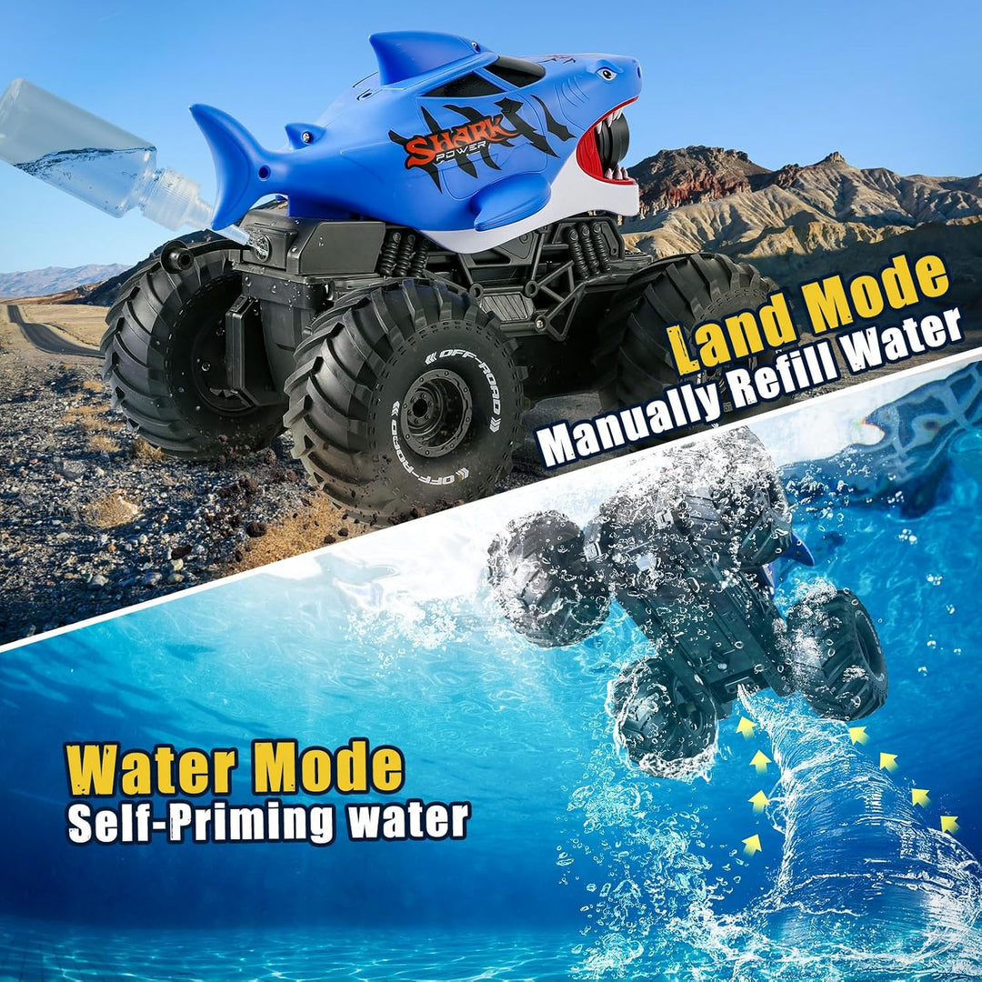 BOBXIN Camión monstruo de tiburón con control remoto anfibio, 4WD t...