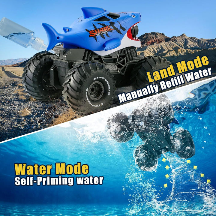 BOBXIN Camión monstruo de tiburón con control remoto anfibio, 4WD t...