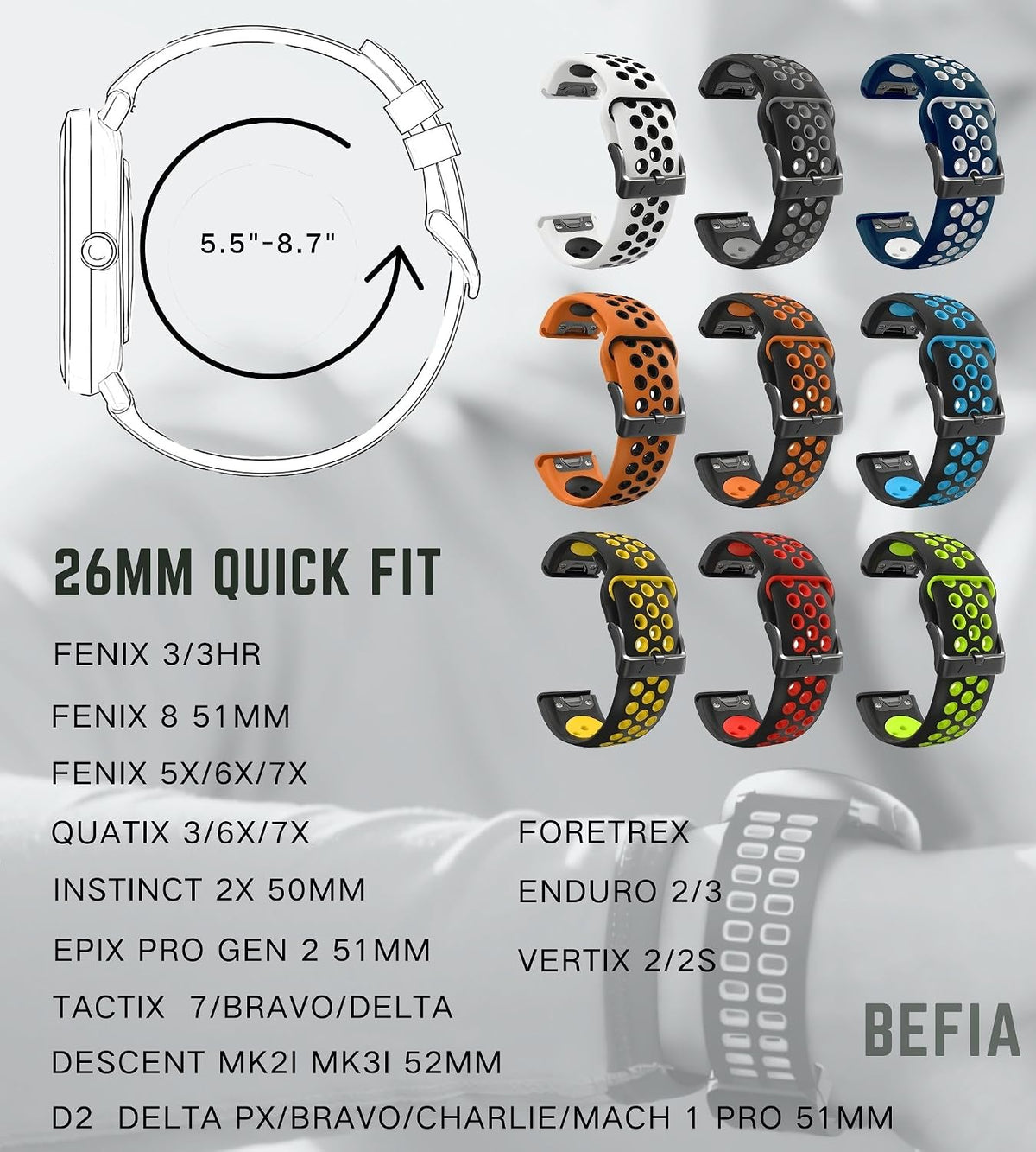 Correa de reloj de 1.024 in para Garmin Fenix 8 2.008 in 5x 6x pro 7x pro zafiro solar, quickfit 26 bandas de reloj para Garmin enduro tactix delta