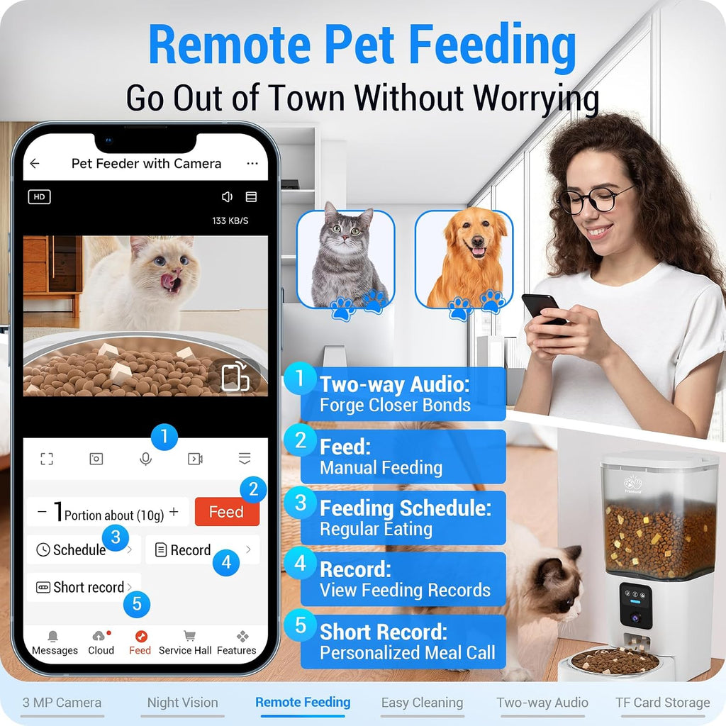 Frienhund Comedero automático para gatos con cámara 2K: alimentador automático para perros WiFi 5G con visión nocturna, dispensador de comida para gatos con contenedor grande de almacenamiento de