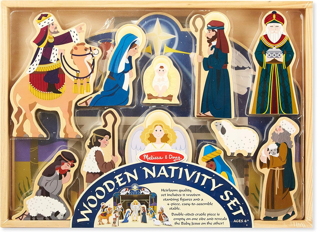 Clásico set de Navidad de Melissa & Doug, de madera, con establo de 4 piezas y 11 figuras de madera