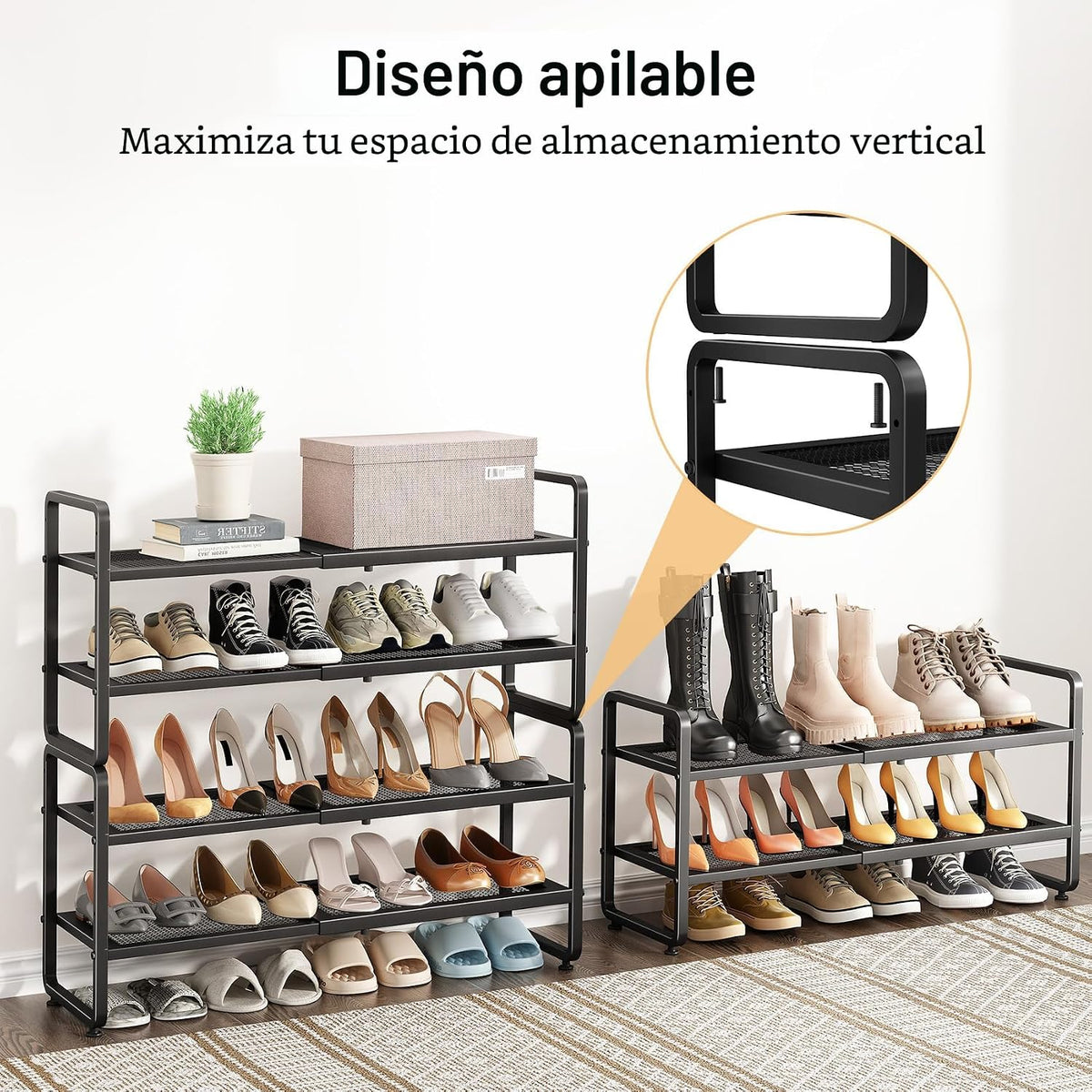 Estante metálico expandible para zapatero/closet, entrada y garaje, 2 niveles, negro
