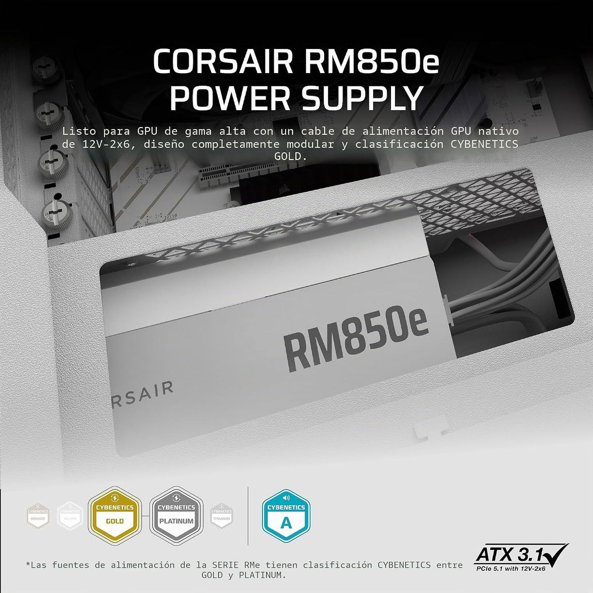 CORSAIR RM850e ATX 3.1 PCIe 5.1 Ready Fuente de alimentación comple...