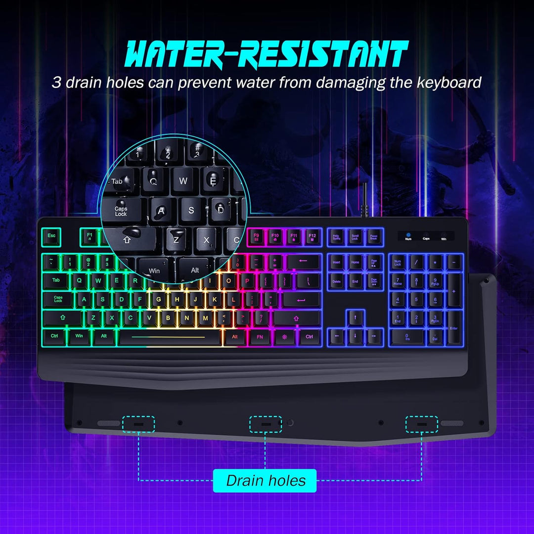 yesbeaut Teclado para juegos, retroiluminación LED arcoíris de 7 co...