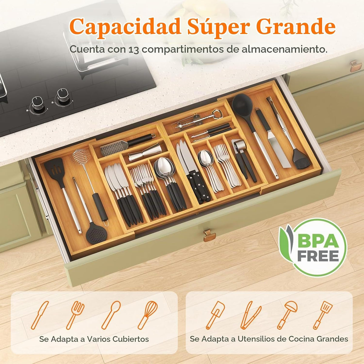 Lifewit Organizador de cajones de cubiertos grande, bandeja de utensilios