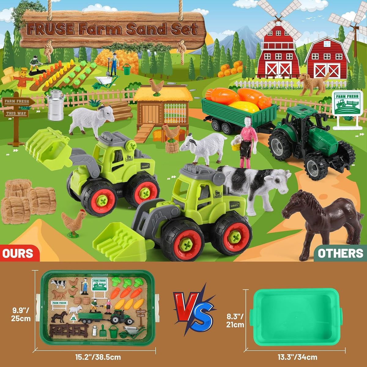 FRUSE Juguetes sensoriales de granja con kit de arena y tractor para niños