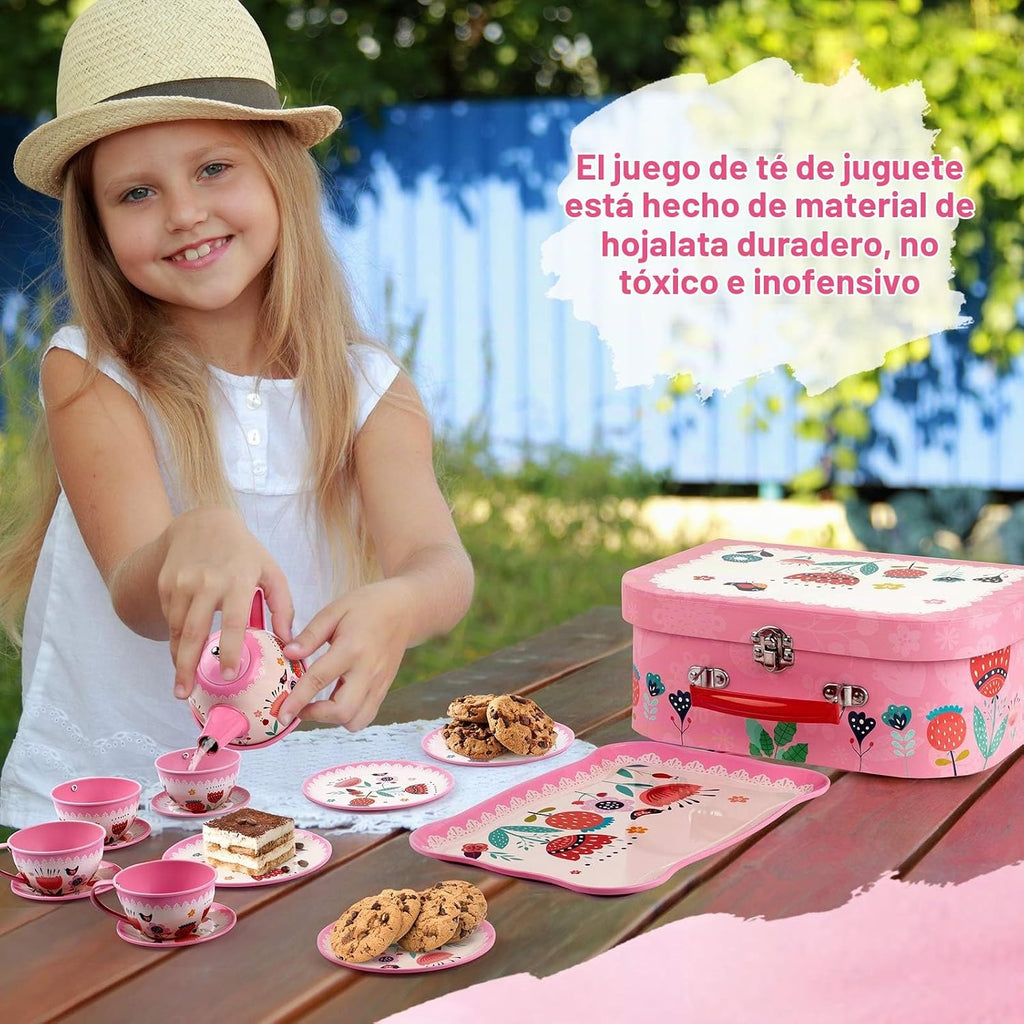 D-FantiX Juego de té para niñas pequeñas, 15 piezas, juego de té de lata