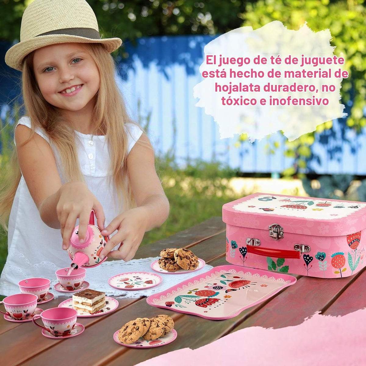 D-FantiX Juego de té para niñas pequeñas, 15 piezas, juego de té de lata