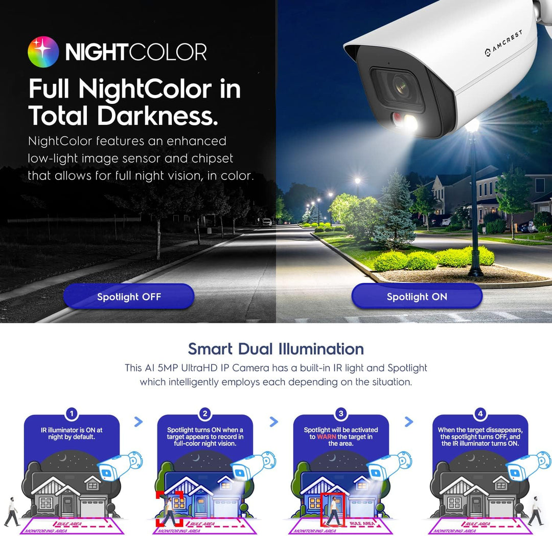 Amcrest Cámara IP PoE AI de 5MP con visión nocturna a color de 49 p...