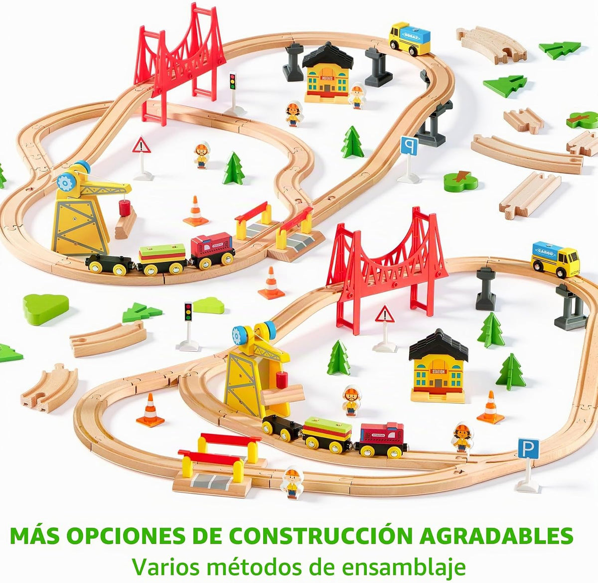 Juego de trenes de madera de 60 piezas, trenes magnéticos de juguete con pista de madera para niños de 3 a 8 años, juego de tren de grúa de construcción, regalo perfecto de cumpleaños de Pascua para nietos, niños y niñas